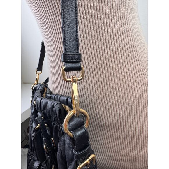 PRADA Nappa Gaufre Handbag Black Gold Leather Crossbody Strap Tote Bag Large - Picture 10 of 13